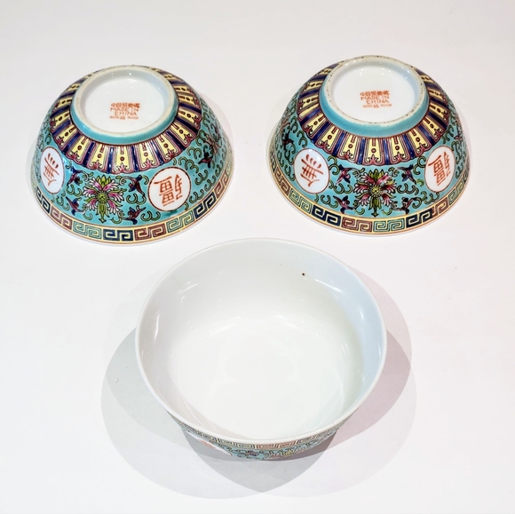 Vtg Turquoise Mun Shou Porcelain 4.5" Rice bowls. - Picture 4 of 7